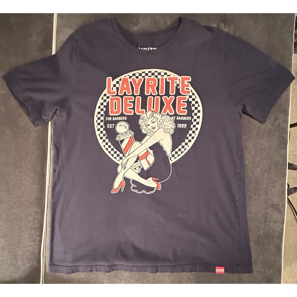 Layrite Deluxe T shirt Navy 2000s Men's XL‎ Barber Pin Up Girl Graphic